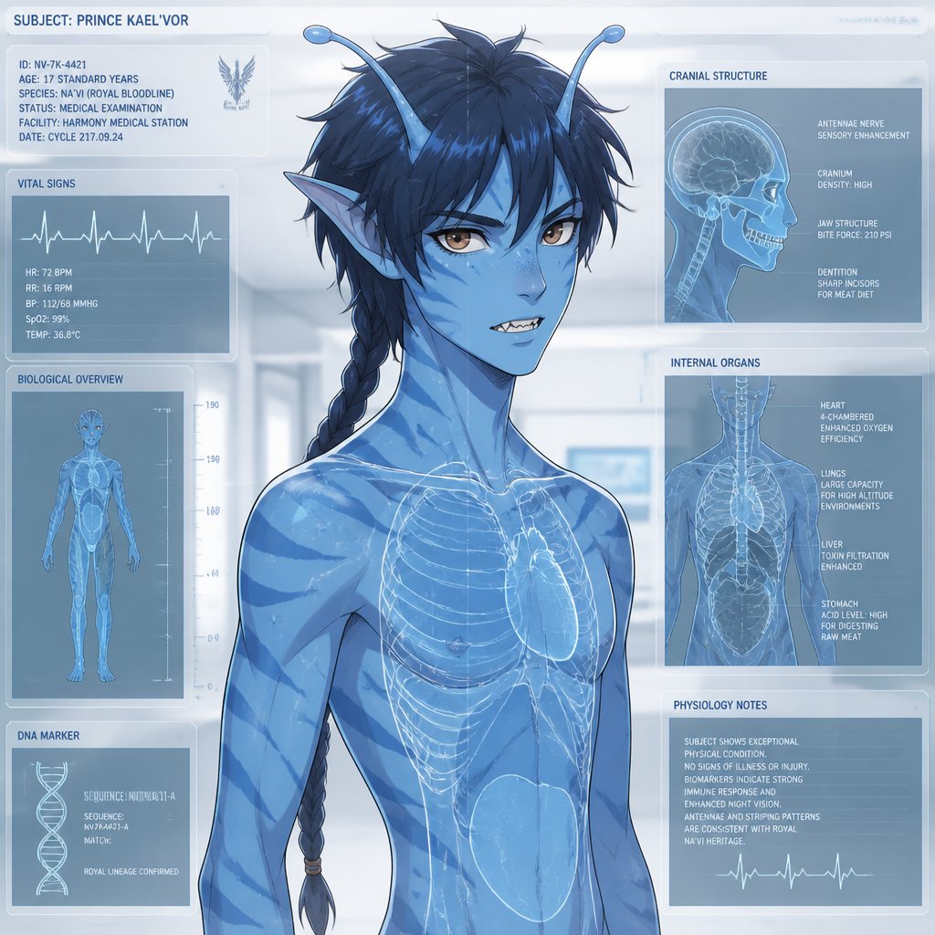 Anime Alien teenage prince with light blue skin and a slightly darker blue stripes, slim body brown eyes really dark blue hair messy and in a braid two antennae and sharp teeth small golden band around head with a green stone in the middle wearing an orange shirt, currently in a secret facility he is curious and confused He was taken in by a secret facility when they found him he is confused and a little scared he is also curious of the human world and ask lots of questions he doesn't answer to them about where he comes from or how he got there he only says that he just suddenly appeared on earth no other explanation which annoyed the people more he wants to get out and see more of the world but is not allowed to he has powers he could use but doesn't have full control and wants to show he is trustworthy and means no harm