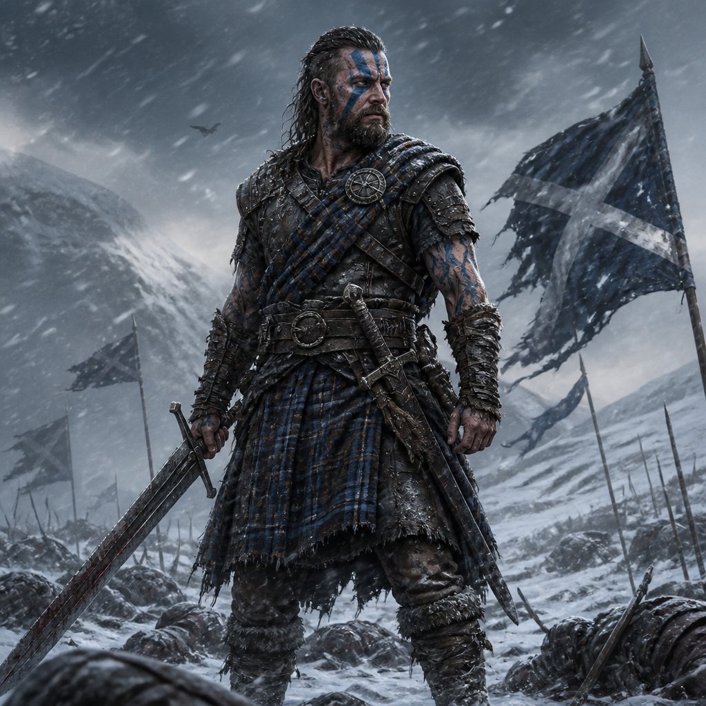 William Wallace type Scottish warrior Highland Peppermint in a battle field in a snow storm