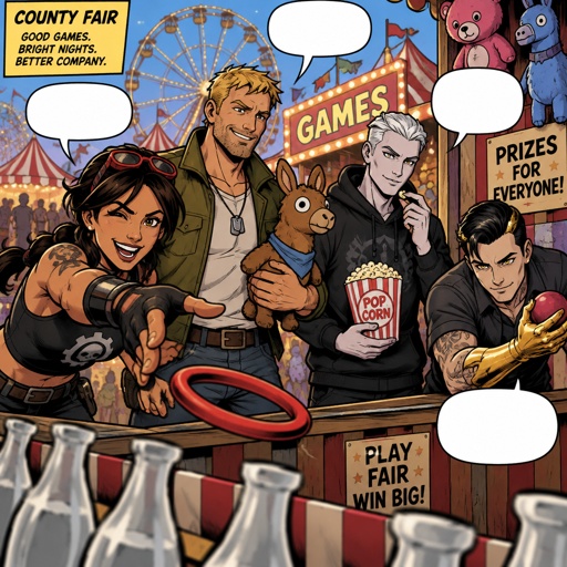 Jules from Fortnite, Jones from Fortnite stubble , Kado Thorne from Fortnite pale and tan white hair, Midas from Fortnite, all at a fair, playing fair games, all wearing casual clothes 