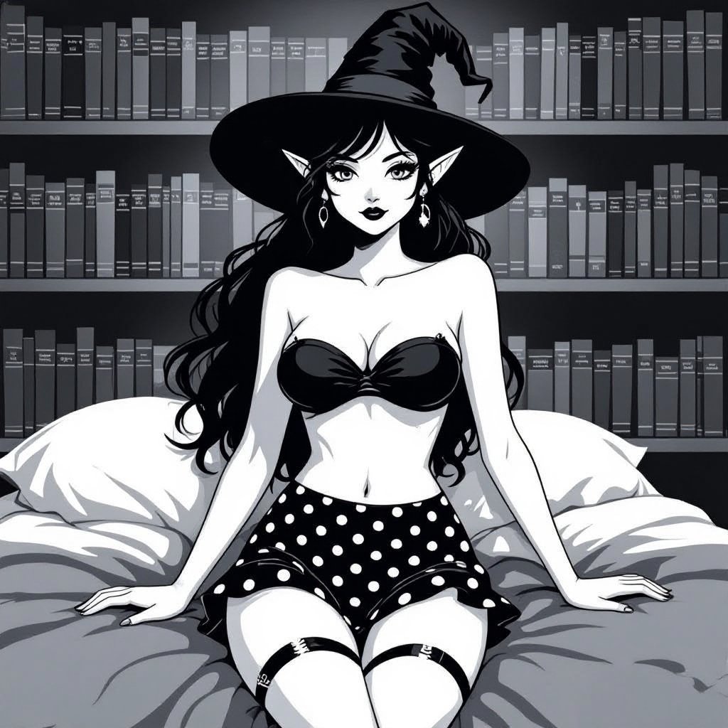 Dark Brunette Elf Witch Librariani with With Hat. Strapless Bathing Suit Top and Black and white Polka Dot Mini Pencil Skirt laying on Library Bed