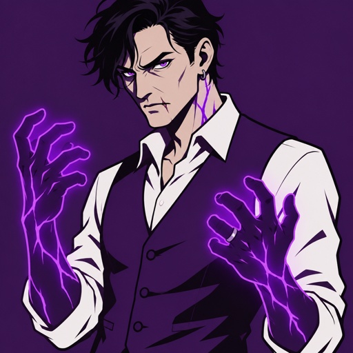 Male, slim, black messy hair, back hair, brushed side hair, scar on upper and lower lip, ear piercing ring, mid 40s, glowing purple hands, purple glowing veins, angry, bad guy, purple vest, white shirt, wedding ring, clean shaven