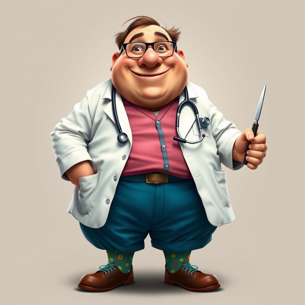 create a fat doctor. Who is funny human looking from head to toe. And he always immediately results to surgery for anything even small things. So please be sure to show his whole outfit head to toe. Make him have 1 tooth