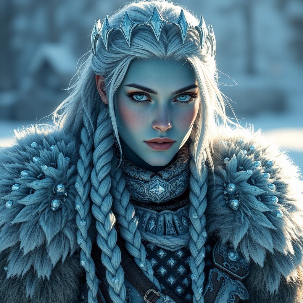 A battle-hardened woman with icy-blue skin. Her long silver hair flows in braids tipped with frozen beads. She wears heavy, fur-lined armor made from the hides of snow beasts. A frost-shaped crown rests lightly on her head. Please show whole character not just waste up.