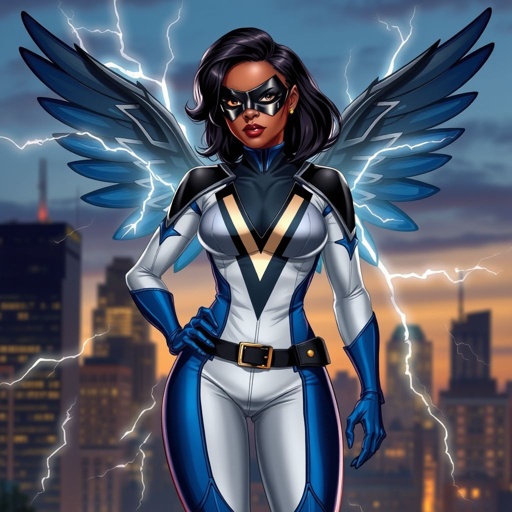 African American female superhero with shoulder length hair in a side part style and wings made of white lightning wearing a domino mask wearing a slightly homemade white blue and black suit with black pants with a stylized V as her chest emblem wearing blue flat boots made of gold standing in Philadelphia at dusk