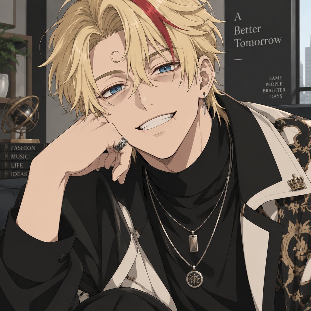 Male blonde hair, smooth neat hair curl on forehead, red streak in hair, scar on lip, blue eyes, eye bags, designer, happy