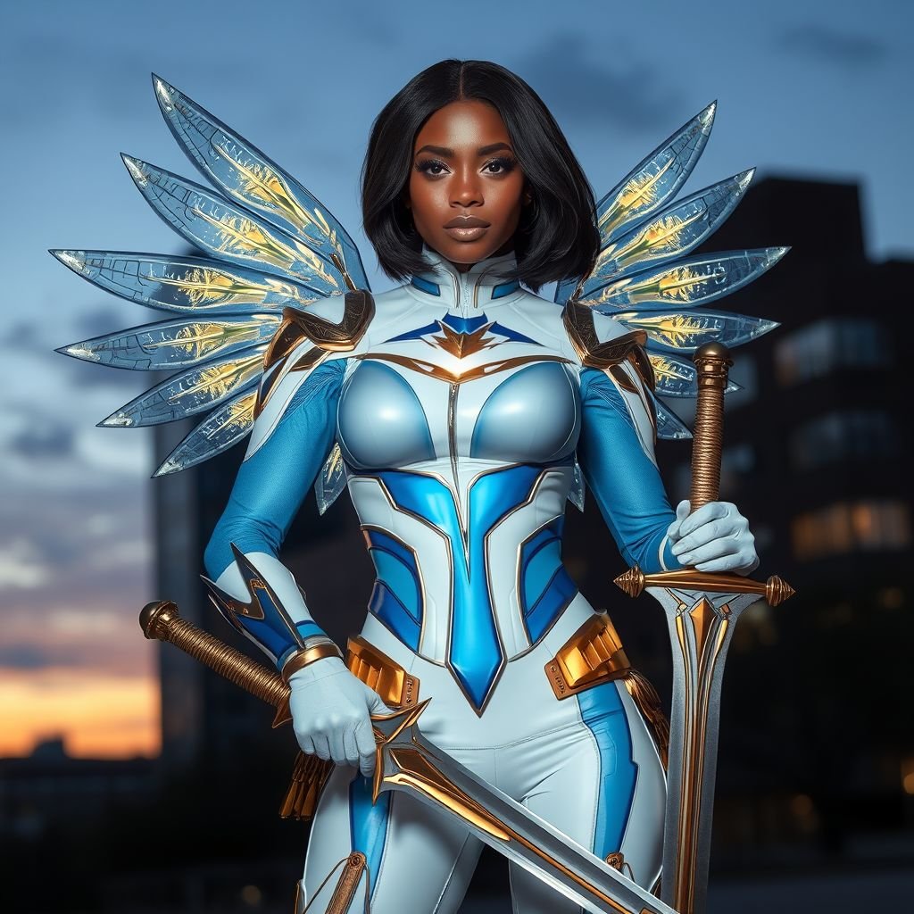 African American female superhero with shoulder length hair in a side part style and holographic wings wearing a homemade white and blue suit with gold accents and blue pants with a stylized V as her chest emblem wearing gold flat boots  made of gold fire holding a large glowing broadsword in her hands standing in Philadelphia at dusk