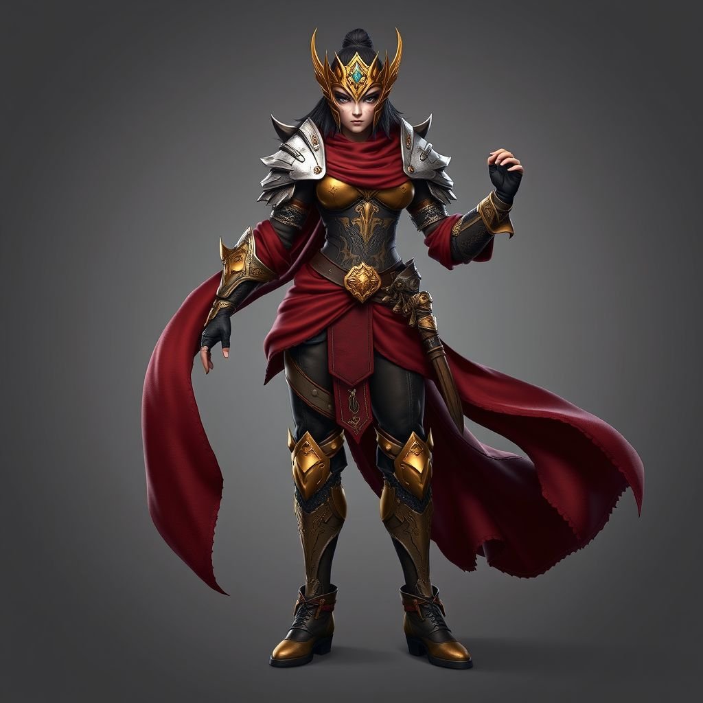 A female mask with gold accents wearing a gold and silver set of chest armor with a red cloth wrapped around her waist wearing leather pants with leg armor and gold boots
