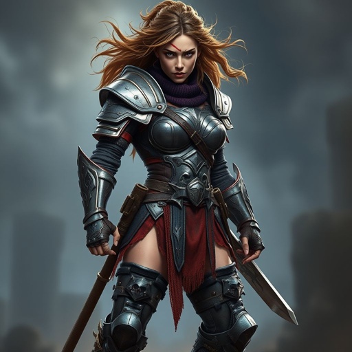 Create a warrior woman , show character shoes too