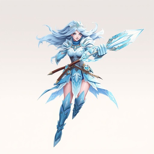 Create a battle woman hero called Alvara the Frostheart. Show full body head to toe including shoes