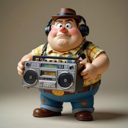 Create a funny fat guy who isnt friendly from New York  has a boom box radio , make it Toy Story graphics  