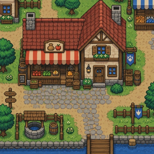Village market house with an attached house for a modern fantasy game, exterior, top down style