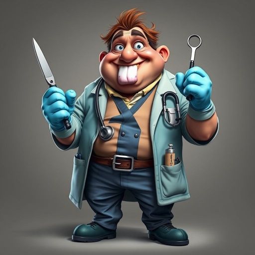 .. create a fat doctor. Who is funny human looking from head to toe. And he always immediately results to surgery for anything even small things. So please be sure to show his whole outfit head to toe. Make him have 1 tooth. Make it more adult humor instead of cartoon humor.