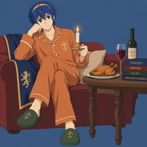 Fire emblem Marth,on the couch,holding a candle,in orange pajamas,wearing green slippers,a table with chicken,wine and books on it,