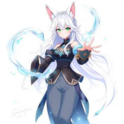 (Genshin Impact based) A pale teenage girl with a Cryo Vision wearing a royal black top and trousers with hair and small fox ears as white as snow with emerald eyes and conducting ice. She also has an ancient mythical right arm