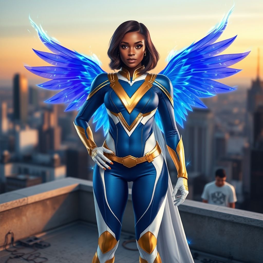A young African American female superhero with shoulder length hair in a side part style wearing a blue and white suit made of spandex like material that’s slightly armored with gold accents with white pants and gold boots with a stylized V as her chest emblem with wings made of blue fire standing on a roof in a Philadelphia at dawn