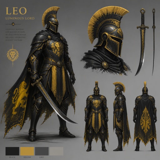 warrior named leo, curved sword, crested, helmet, colors black yellow grey, luminous lord