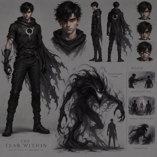 Young Male Superhero with fear manipulation, simple costume, can become a nightmare 