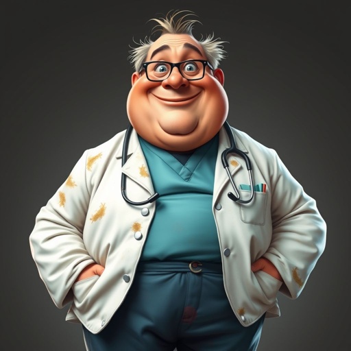 .. create a fat doctor. Who is funny human looking from head to toe. And he always immediately results to surgery for anything even small things. So please be sure to show his whole outfit head to toe. Make him have 1 tooth. Make it more adult humor instead of cartoon humor.