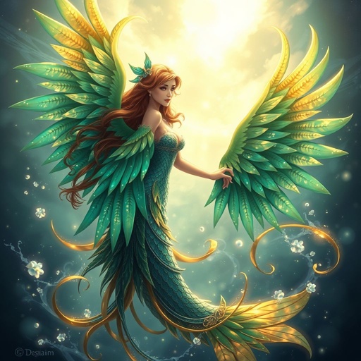A female mermaid with macaw wings and brown hair in a ginger river