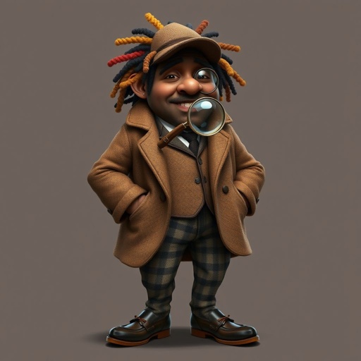 Create a funny fat character similar to Sherlock Holmes, but make him of black decent and with dread locks. Show his whole outfit including his shoes.