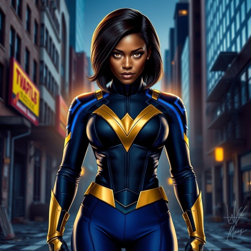 African American female superhero with hair  in a shoulder length side part hairstyle with pure Gold Glowing eyes wearing  a black blue and gold accented suit with navy blue pants and gold knee length boots with a V with the top half gold and the bottom half black as her chest emblem in Philadelphia 