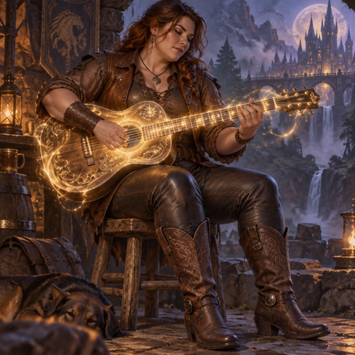 Her name is Leatherback, semi heavy set gorgeous  she have a leather vest on, leather cowboy boots, leather shirt, she is playing a guitar, sitting on a stool, she has the  a leather vest, 
