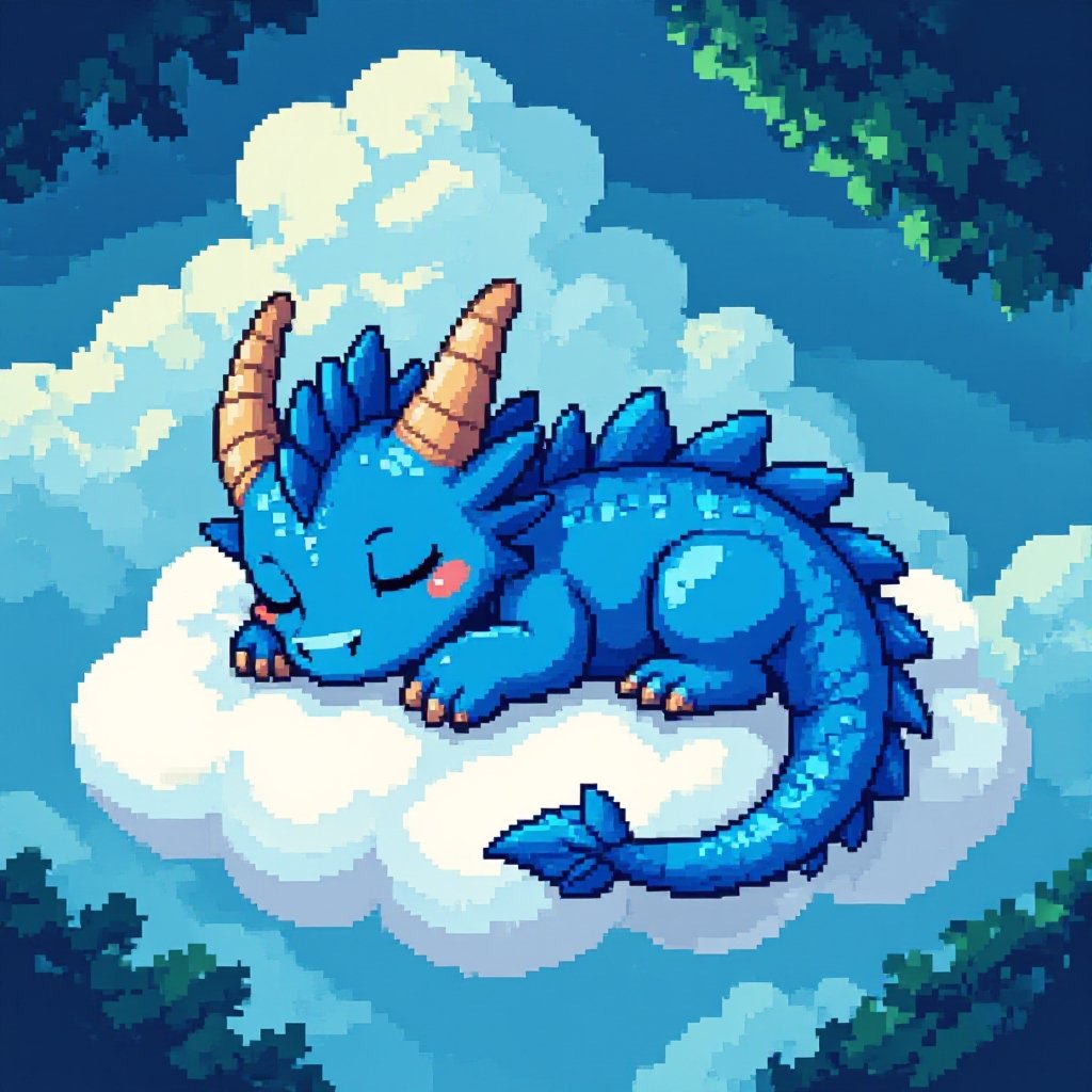 Cute sleeping bleu Dragon on a cloud 
