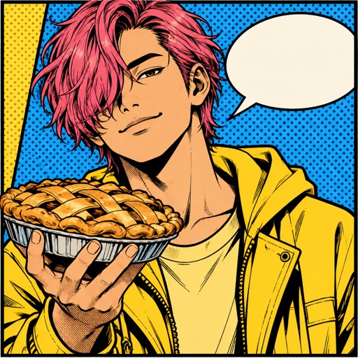 Male, Asian, pink neck length wavy hair, hair in front of one eye other side is brushed back, smirk, chill, wearing yellow modern clothes, holding pie 