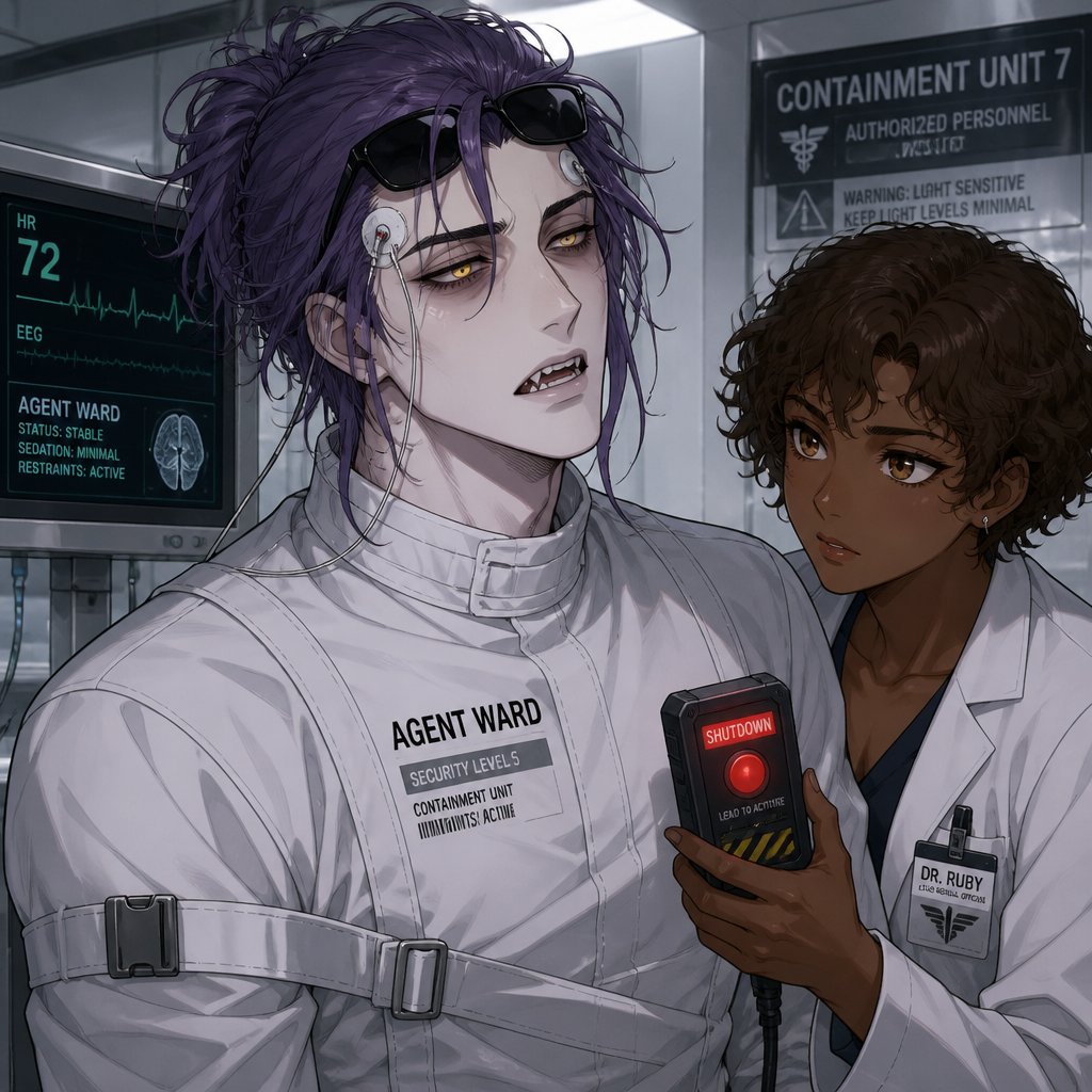 Anime style,Agent Ward,long messy hair in a messy loose up tied bun, violet hair,clean shaven,skin color white,he’s made in a secret lab to be the best weapon and good at everything highly skilled in many things the scientists are scared if he gets out of control,kept in check by lab facility, they have an emergency back up incase he gets out of control, yellow night vision eyes,sharp teeth,sunglasses on head,cares about his partner but doesn’t admit it,likes making jokes, can be reckless mischievous and dangerous,extreme dark powers do to lab experiment ,best agent,late 20s,tired,tall,migraines,sensitive to light,jokes,hates being told what to do,intimidating,laugh like a maniac .Partner Ruby she has brown hair a little above the neck curly,brown eyes, dark skin,serious,goes by the rules, gets annoyed by Ward but conceders him as a friend try’s telling him to sleep,doesn’t like his jokes during work,has been given a device to trigger a shut down on Ward in case he gets out of control but really hopes she never has to