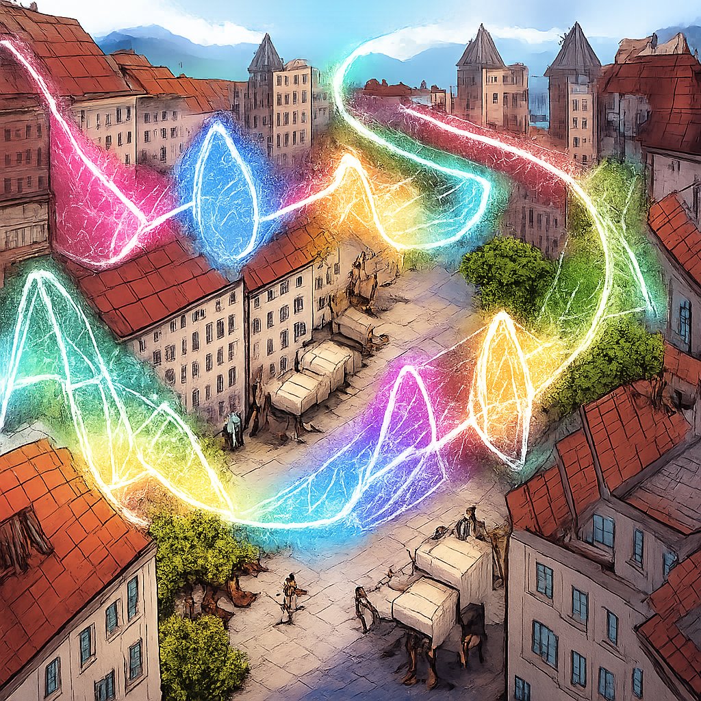 Drone view No character, no speech bubbles, lovely delicate sound waves colourful, transparent float through an old-fashioned European city