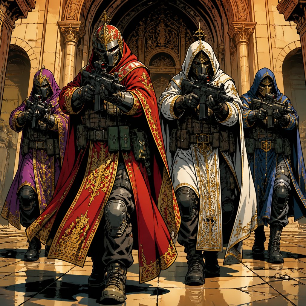 No speech bubbles vivid colours no print dots. For heavily, armed soldiers dressed in baroque robes, but with modern gear are walking towards the camera weapons appointed at the camera, highly realistic.