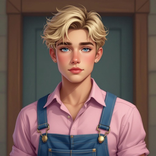 Half British, half Latino, no beard, no blush looks a feminine, frail figure, buttoned up shirt 18-years old male, Blonde hair, blue eyes, ring around eye heterochromia, pink shirt, blue overalls 