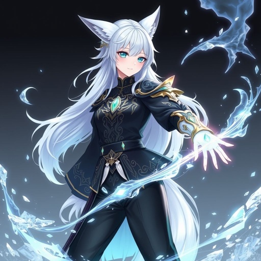 (Genshin Impact based) A pale teenage girl with a Cryo Vision wearing a royal black top and trousers with hair and small fox ears as white as snow with emerald eyes and conducting ice. She also has an ancient mythical right arm