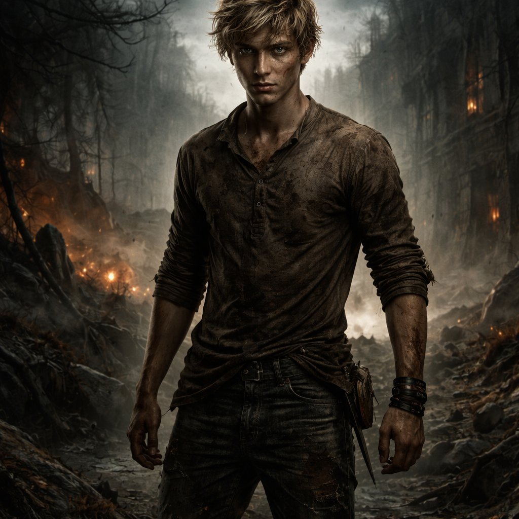 A 17 year old boy who has dirty blonde hair and green eyes. He is wearing a brown shirt and jeans. He looks strong and confident.