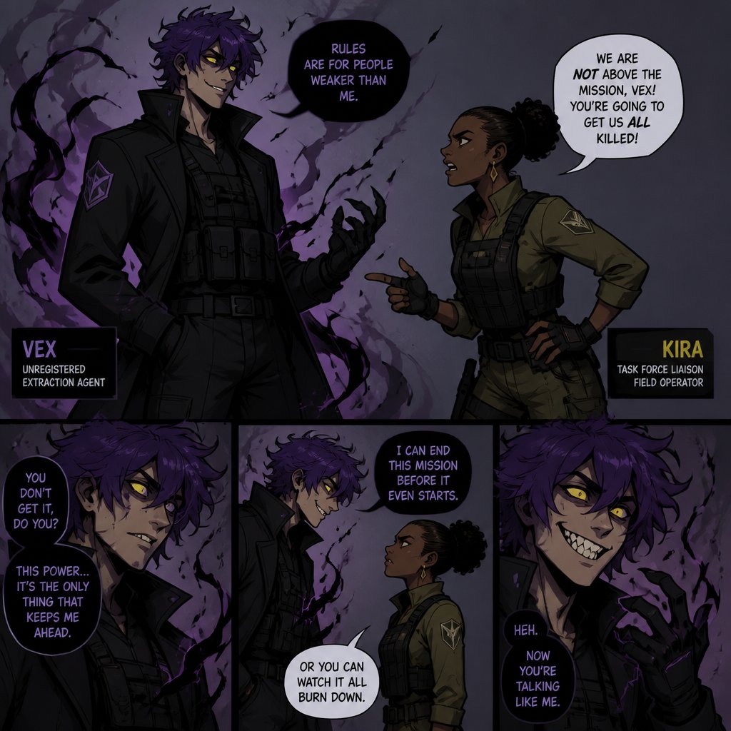 Anime style, Agent Ward a male, made in a secret lab to be best weapon and good at everything, highly skilled, be kept in check, emergency backup case he gets out of control, his hair messy bun color violet, clean shaven, yellow night vision eyes, sharp teeth, dark power energy from experiment, tired, tall, eyes sensitive to light, dangerous, intimidating, laugh like a maniac, cares about partner ruby rose she's dark skin serious plays by rules firm,them standing together ruby arguing to wards "stop being intimidating you're going to our suspect a hart attack!" Ward says "job goes faster" starts giggling, ruby warn ward " if you can't take this seriously I'll have to have you go in your room" ward sad expression says"i don't want that" ruby "ok let's do this I have somewhere to be " as a comic