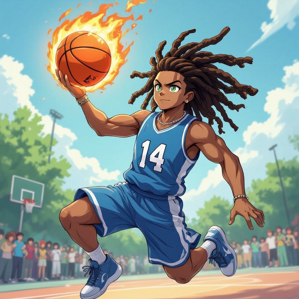 My character is a kind of muscular guy with green eyes and light skin 12 big Dreadlocks and a blue basketball jersey with the number 14 and a chain on his neck and he is jumping high in the air to dunk the ball that is made of fire