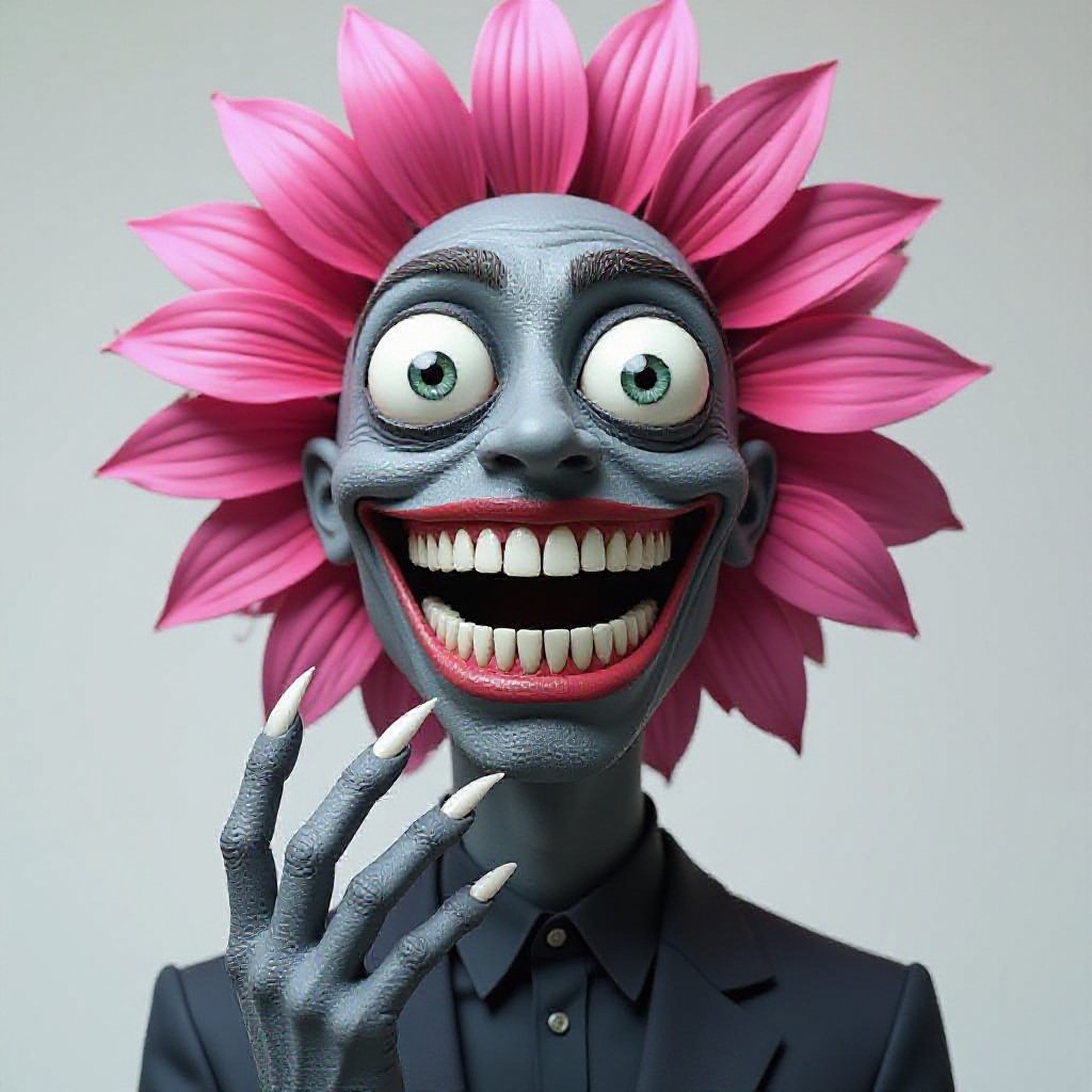 Make a man with a flower head millions of teeth no eyes mouth ears very tall he’s all grey and sharp nails