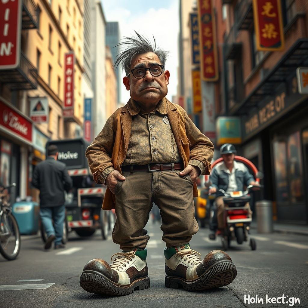 Create a funny looking serious man in the world, with a not so stylish outfit head to toe