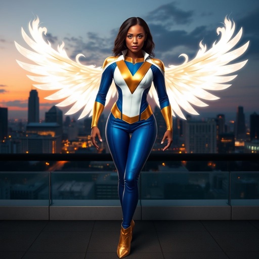African American female superhero with shoulder length hair in a side part style and wings made of white fire  wearing a slightly homemade  white blue and gold suit with blue pants with a stylized V as her chest emblem wearing gold flat boots made of gold standing in Philadelphia at dusk