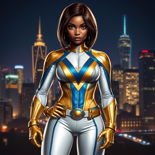A young African American female superhero with shoulder length hair in a side part style wearing a gold and white suit made of a leather like spandex material with blue accents with white pants and gold boots with a stylized V as her chest emblem standing ona roof in a Philadelphia at night