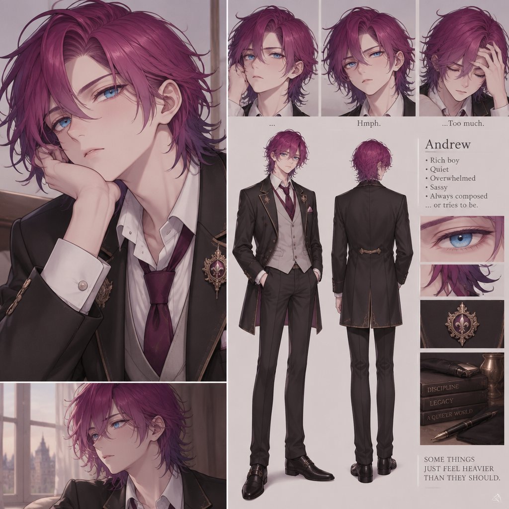 Male name Andrew, rich boy, isolated till he was 16, has neat neck long swooped on left side the bottom of his hair is stick up and pointy looking both sides fuchsia purple hair that gets more purple the further down it goes, beautiful Azure eyes, gives sassy look at people,quiet, easily overwhelmed, only friend is his next door neighbors son whose name is jack the lead star of baseball team and jack has a girlfriend named rose