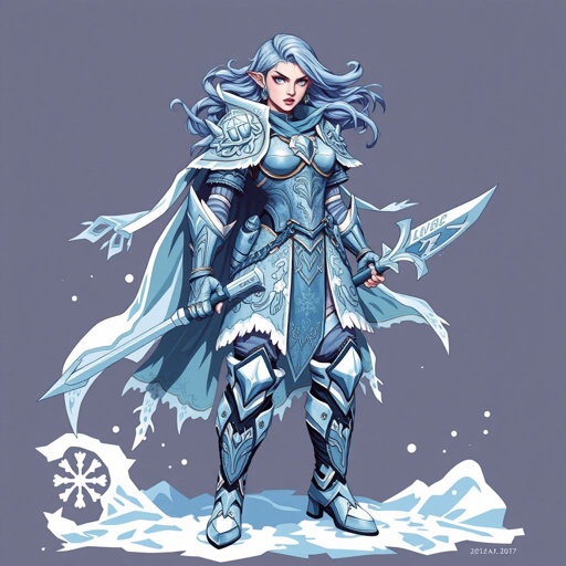 Create a battle woman hero called Alvara the Frostheart. Show full body head to toe including shoes 