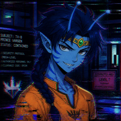 Anime Alien teenage prince with light blue skin and a slightly darker blue stripes, slim body brown eyes really dark blue hair messy and in a braid two antennae and sharp teeth small golden band around head with a green stone in the middle wearing an orange shirt, currently in a secret facility he is curious and confused He was taken in by a secret facility when they found him he is confused and a little scared he is also curious of the human world and ask lots of questions he doesn't answer to them about where he comes from or how he got there he only says that he just suddenly appeared on earth no other explanation which annoyed the people more he wants to get out and see more of the world but is not allowed to he has powers he could use but doesn't have full control and wants to show he is trustworthy and means no harm