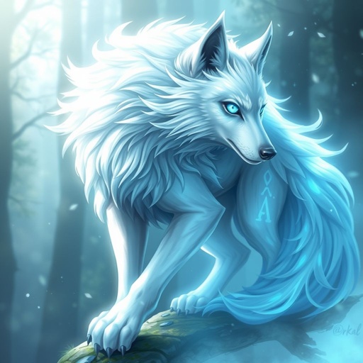 Animal white wolf form and a tail and light blue eyes fierce
