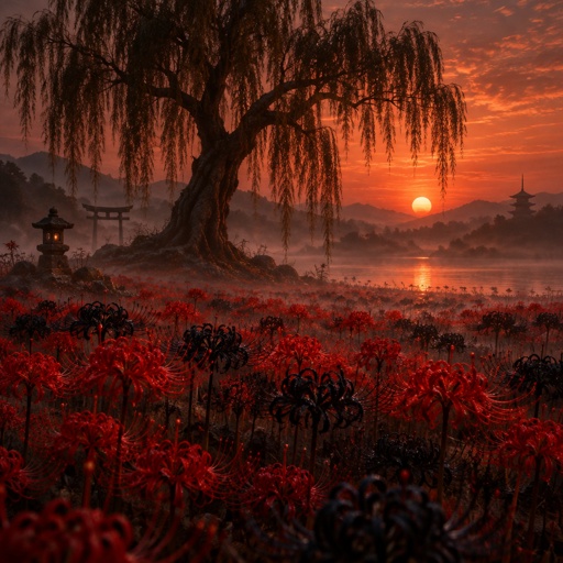 A fiel of red and black Spider lilyies, a Willow tree in the middle, a Sunset in the background