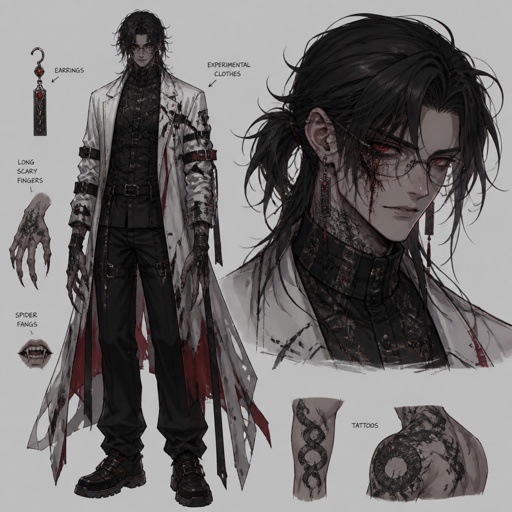 Anime male,hair messy long hair with short ponytail,clean shaven,highly skilled tall,in late 20s,migraines, sarcastic ,red glowing eyes,one eye is severely damaged,serious face,been experiment on for many years until finally found and rescued ,hates people,has power, dangerous,glasses, loves spiders, nice big earrings,tattoos on arms, agrees to help people but on his terms,doesn't remember anything from his past before except the experiments, long scary fingers, spider fangs, traumatized 