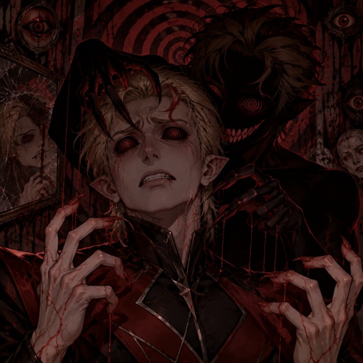 Male, blonde greased brushed back hair, neck length hair, curl on forehead, red streak in hair, slim, scar on lip, red and black spiral eyes no whites, superhero with chaos powers, cool outfit red no cape, pointy ears, pointy fingers with red tips, red veins, nervous, sweating, another version of him that’s completely black except the eyes and mouth smiling trying to manipulate him, spiral background