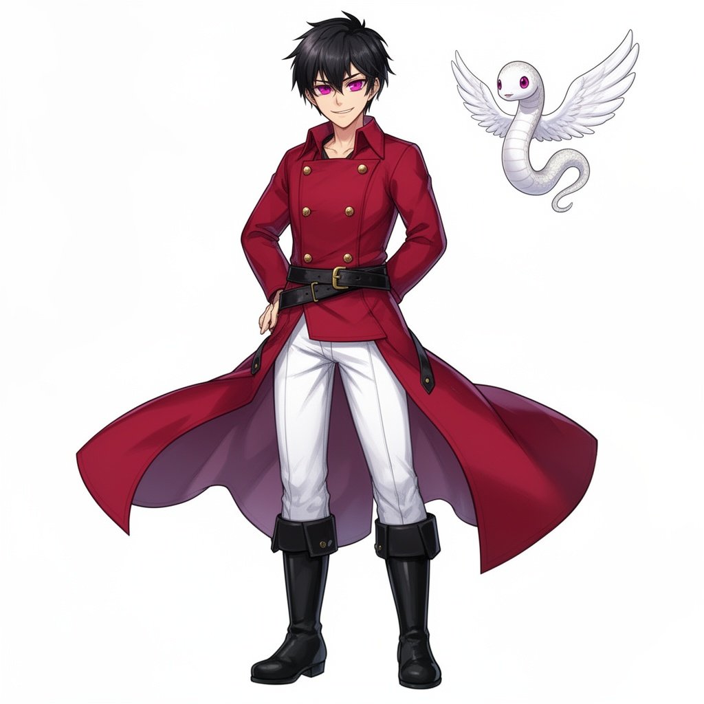 adult human man, black short hair, Fuchsia purple eyes, white pants, black boots, red double breasted greatcoat, gold buttons, black belts, sly smile,
tiny friendly elegant white winged snake flying next to him