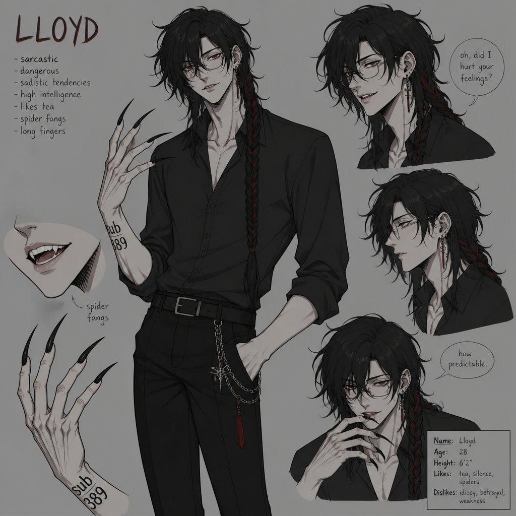 Anime white male, name Lloyd, hair messy long one braid,black hair with red stripes,clean shaven,red eyes,long scary fingers spider fangs, glasses,earrings ,sarcastic,sassy,laugh mockingly,was a unwillingly experiment many years before getting rescued,has power of a spider poisonous crawl on walls and ceiling,makes spider webs with his hands,can communicate and control spiders,very dangerous, on right arm a print says sub 389,doesn't remember anything from his past special agency taking care of him.