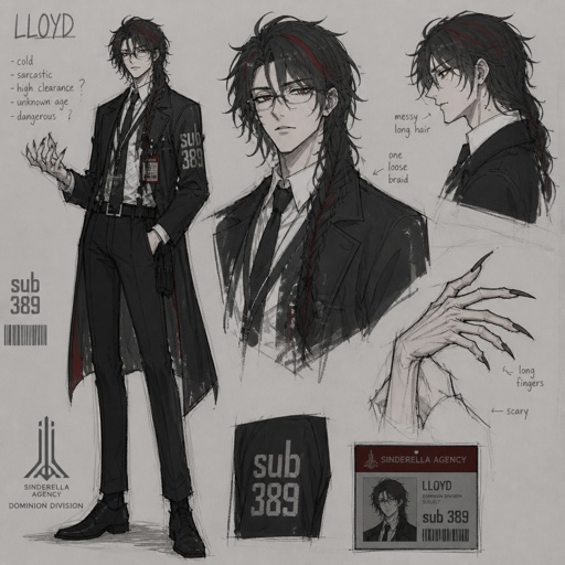 Anime white male, name Lloyd, hair messy long one loose braid, black hair with light red stripes, clean shaven,red eyes, long scary fingers spider fangs, glasses, sarcastic, cold, laugh mockingly, traumatized,was a unwillingly experiment many years before getting rescued, no memory of his past, has power of a spider, poisonous makes spider webs with his hands, can communicate and control spiders, on right arm a print says sub 389, doesn't remember anything from his past,very dangerous, being taken care of in a special agency.